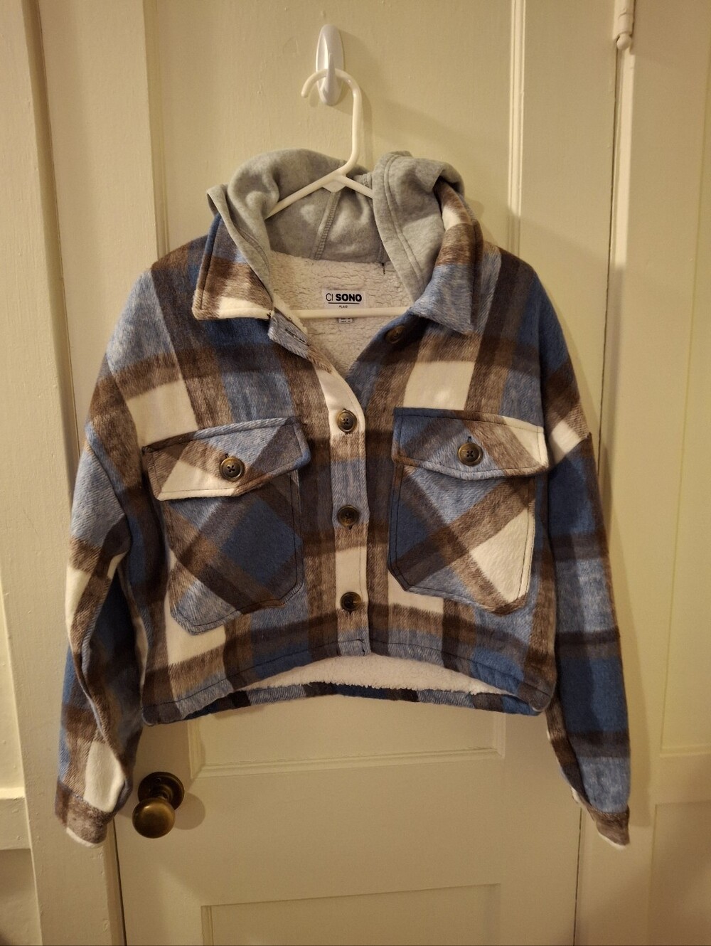 Ci Sono Blue, Brown & Cream Plaid Hooded Shacket